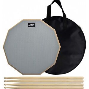 AAGUT 12" Gray Drum Practice Pad Set w/ 4 Hickory Sticks & Carry Bag
